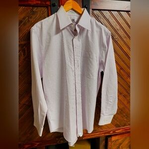 Enro long sleeve, button-up, pocket. Clean with stains. White with purple plaid